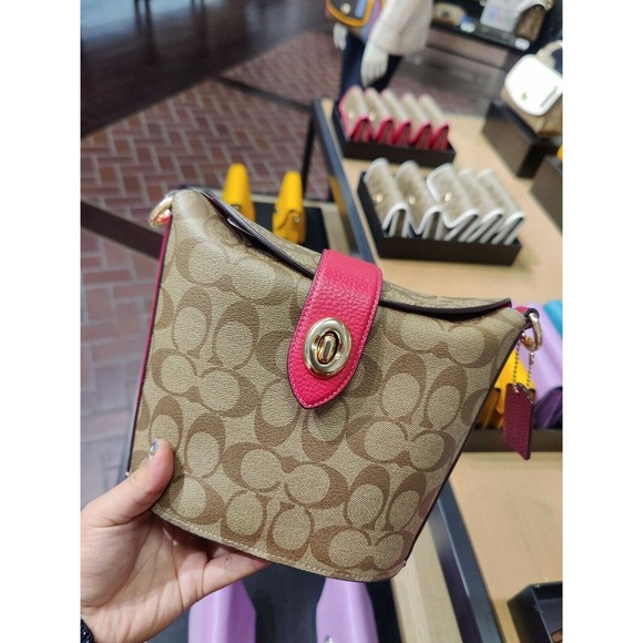 NWT Coach c2817 Addie Crossbody In Signature Canvas Khaki Fuschia Org $328 - Picture 9 of 12